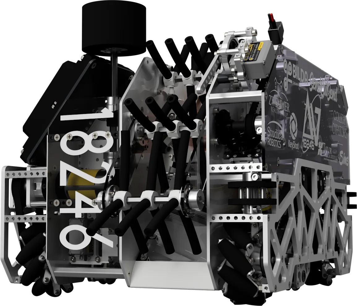 Render of an FTC robot with rows of opTake intakes on its front axles